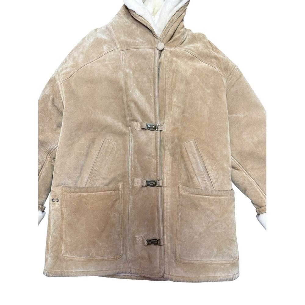 Gallery Beige Shearling Hooded Coat Faux Fur Trim Y2K Winter Jacket - Picture 5 of 10